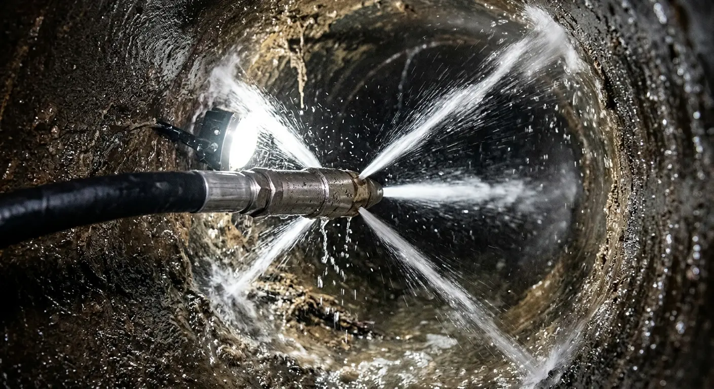 High-pressure hydro jetting nozzle cleaning sewer pipe for Emergency Drain Service in Hamilton